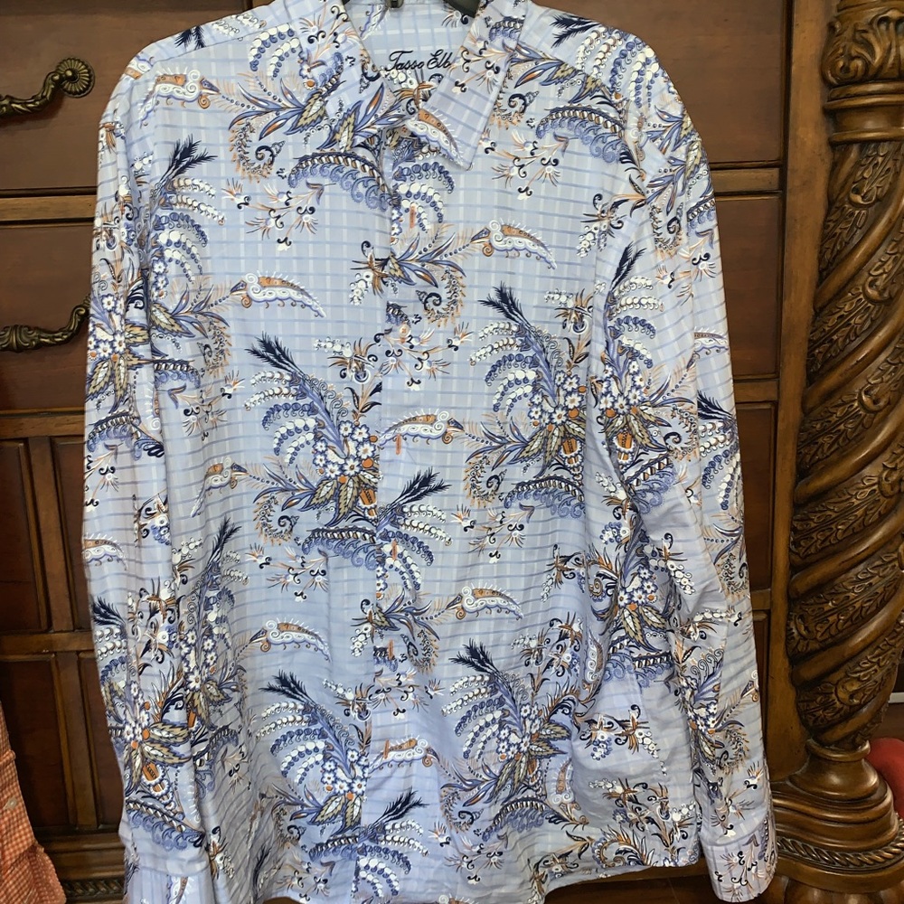 Baby blue men’s shirt w/ multicolored designs